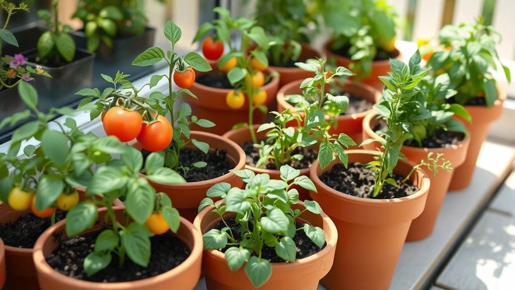 Diverse young vegetable seedlings including tomatoes, peppers, and herbs growing in terra cotta pots arranged on a sunny patio or windowsill