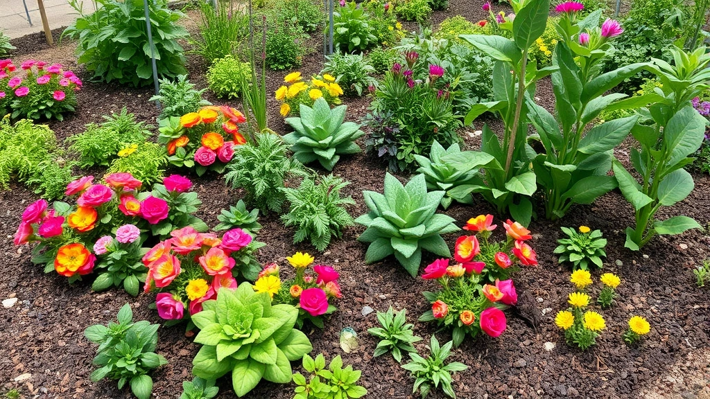 Mature garden bed bursting with colorful vegetables and flowers, showing proper spacing with mulch, trellis structures, and drip irrigation system in place