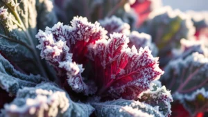 Close-up of frost-covered kale leaves glistening with ice crystals in morning sunlight, showing purple and green foliage details