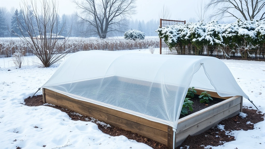 Raised bed garden covered with white row cover fabric in snowy winter landscape, with frost-rimmed plants visible underneath protection