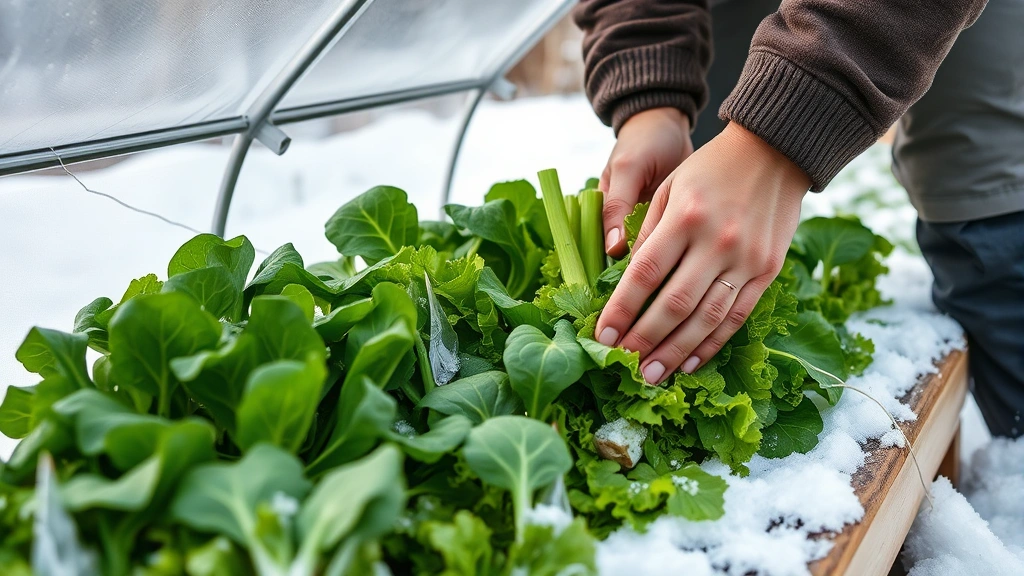 Hands harvesting fresh green spinach and lettuce from under a transparent cold frame on a winter day with snow surrounding the structure