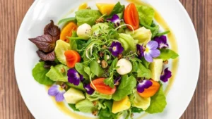 Overhead view of a plated spring salad featuring tender lettuces, edible flowers, and microgreens with vinaigrette drizzle, professional restaurant plating on white ceramic