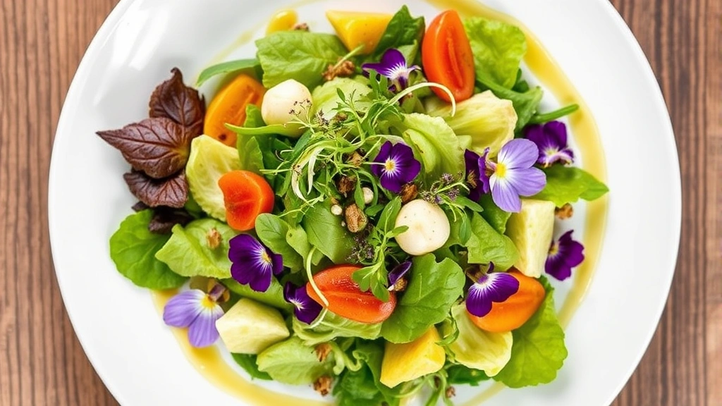 Overhead view of a plated spring salad featuring tender lettuces, edible flowers, and microgreens with vinaigrette drizzle, professional restaurant plating on white ceramic