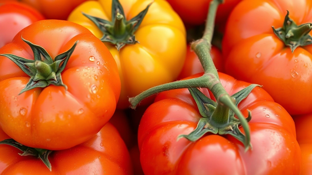 Close-up of vibrant heirloom tomatoes in multiple colors—red, yellow, orange—freshly harvested with stems attached, morning dew visible on skins