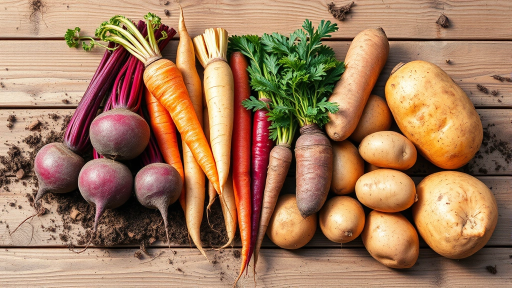 Autumn root vegetables including beets, carrots, parsnips, and potatoes arranged on wooden surface with soil still visible, natural lighting showing color variety and texture