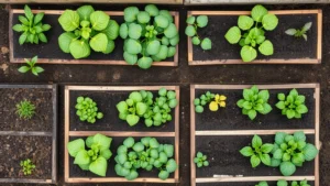 Overhead view of organized raised garden beds with marked grid lines showing plant spacing patterns, featuring various vegetables at different growth stages in rich dark soil