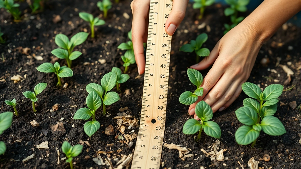 Close-up of hands measuring spacing between young seedlings in a garden bed using a wooden ruler, with soil amendments and organic matter visible