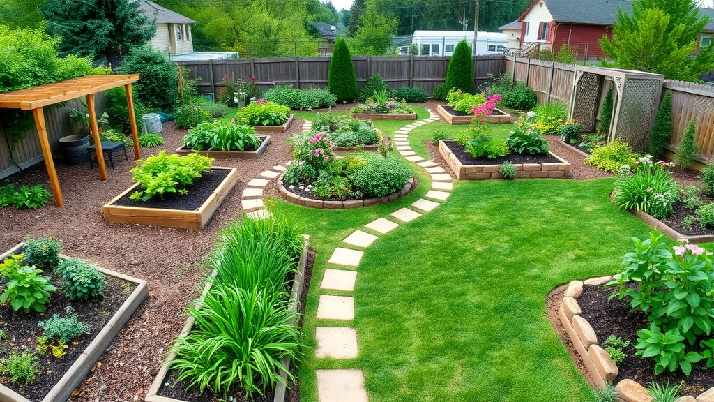 Panoramic view of a well-planned backyard garden showing multiple beds with clear pathways, trellises, and diverse plantings demonstrating proper spacing and layout design