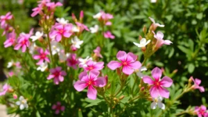 Vibrant candy blossom plants with delicate pink and white flowers in full bloom, green foliage, sunlit garden setting with natural daylight