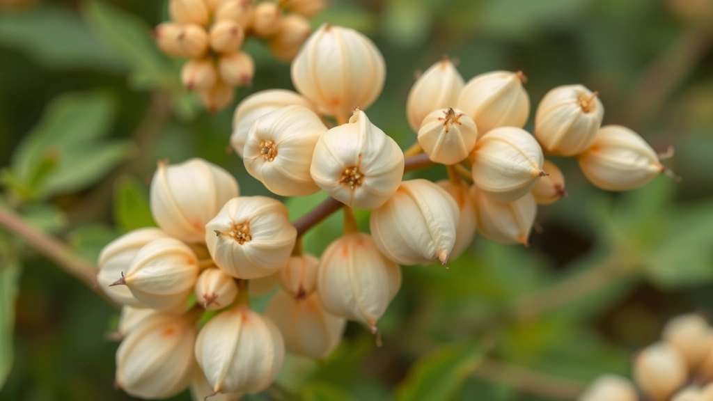 Close-up of distinctive papery balloon-like seed pods on candy blossom plants, translucent pale tan pods clustered on stems with green foliage