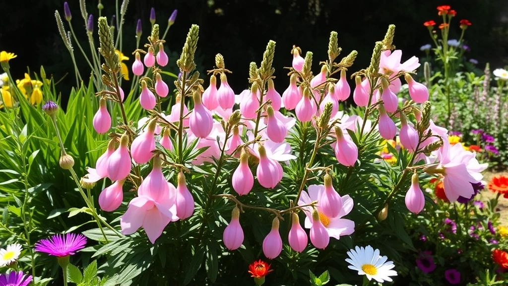 Mature candy blossom plants in a mixed flower garden border, full bushy growth habit, multiple balloon pods and flowers visible, afternoon sunlight