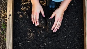 Overhead view of a beginner gardener's hands preparing dark, rich garden soil with compost in a raised wooden bed, morning sunlight filtering through, showing soil texture clearly