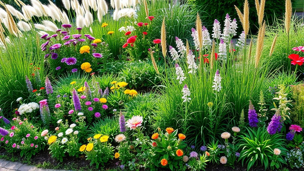 Lush, thriving mixed garden border with layered perennials, ornamental grasses, and flowering plants in full bloom, showing diverse heights and textures in natural afternoon light