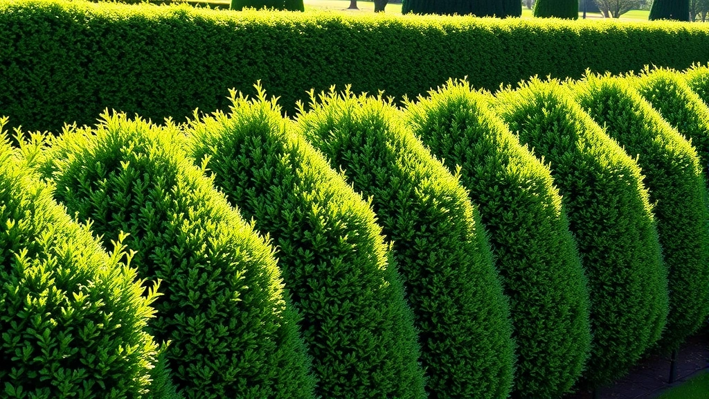 Dense green boxwood hedge fence in formal garden with sharp geometric lines, sunlight filtering through foliage, well-maintained uniform shape, professional landscape photography style