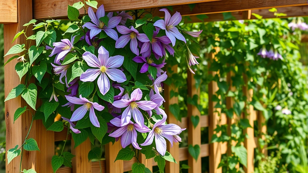 Clematis purple flowers climbing on wooden trellis fence structure with green vines, bright daylight, cottage garden aesthetic, vibrant bloom colors visible