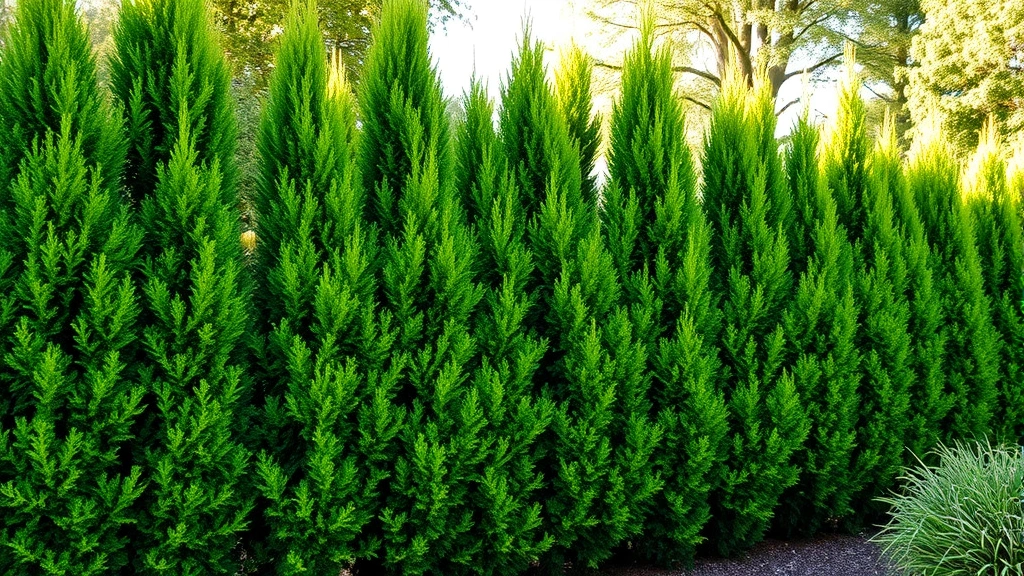 Mature arborvitae evergreen hedge creating tall privacy screen with rich green foliage, natural garden setting, afternoon light, established landscape appearance