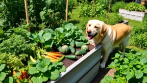 Lush raised garden bed filled with safe vegetables like carrots, zucchini, and green beans with a golden retriever sitting nearby watching the plants, bright daylight, natural garden setting