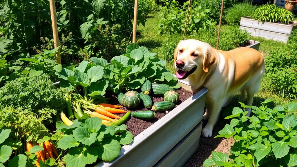 Lush raised garden bed filled with safe vegetables like carrots, zucchini, and green beans with a golden retriever sitting nearby watching the plants, bright daylight, natural garden setting