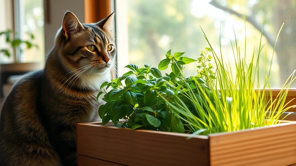 Cat sitting beside a potted herb garden with basil, parsley, and cat grass growing, wooden raised planter box, dappled sunlight through trees, safe indoor-outdoor garden transition area