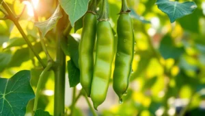 Close-up of vibrant green bean pods hanging on a lush pole bean plant with healthy green foliage, morning sunlight filtering through leaves, dewdrops visible on pods