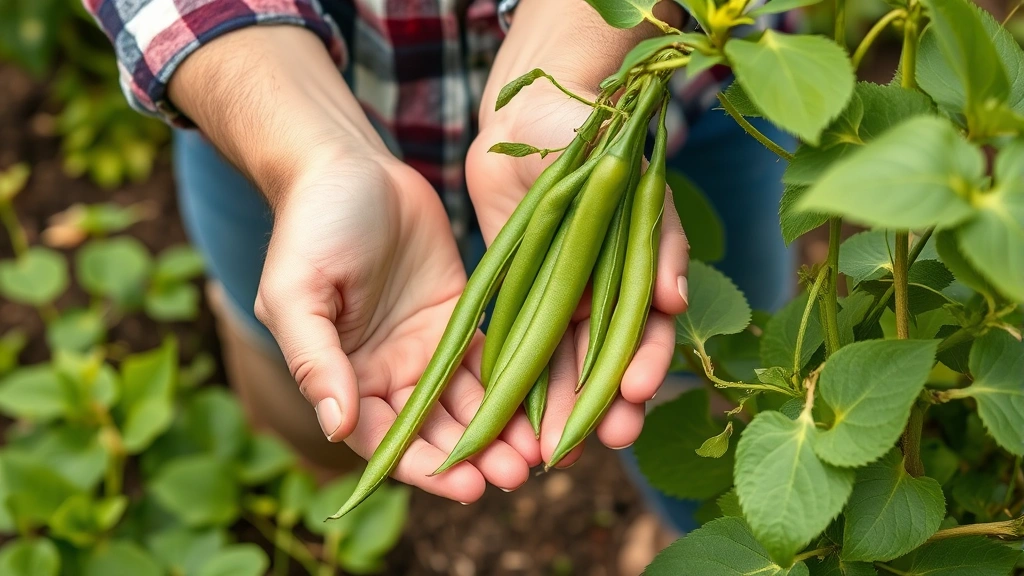 Gardener's hands harvesting tender young green beans from a productive bush bean plant, demonstrating proper picking technique with pods at ideal tender stage