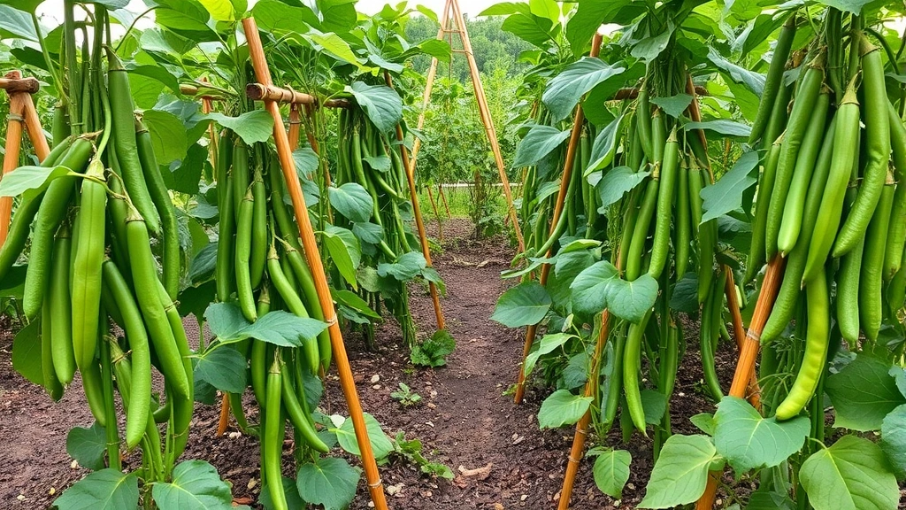Wide view of thriving green bean garden with mature plants laden with pods, bamboo teepee trellises supporting pole beans, mulched soil visible, garden in full production