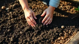 Gardener's hands preparing dark rich soil in raised garden bed with compost and mulch, sunlit morning light