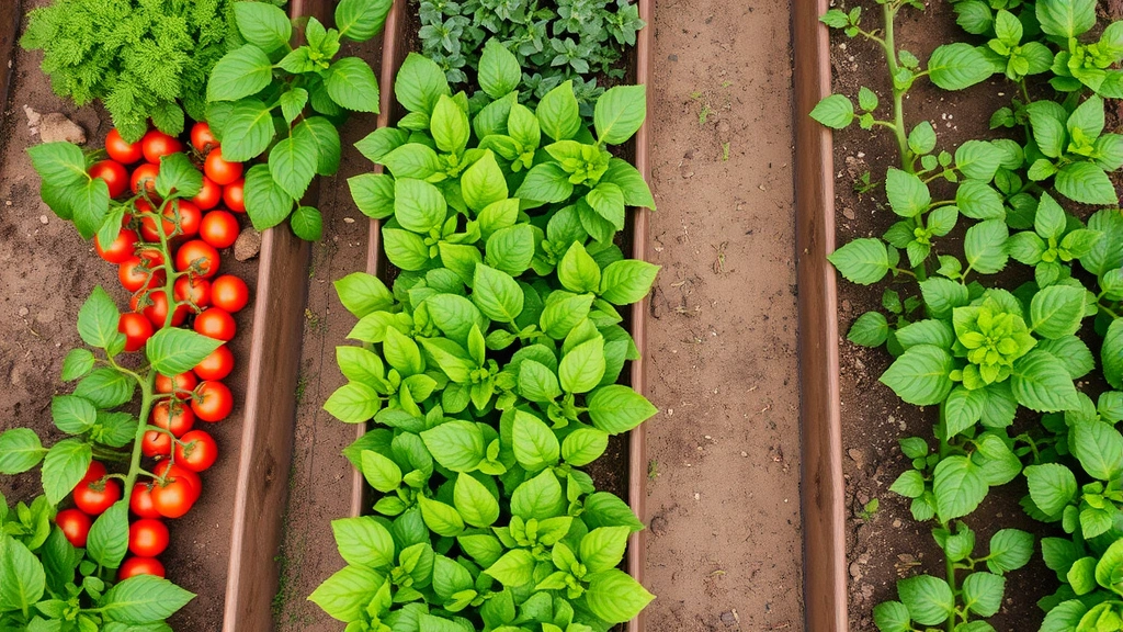 Overhead view of lush vegetable garden rows with tomato plants, green lettuce, and beans growing in organized beds