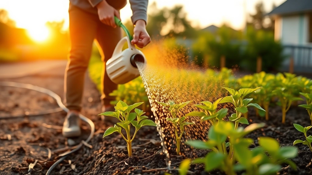 Person watering established garden plants with drip irrigation system at soil level during golden hour sunset