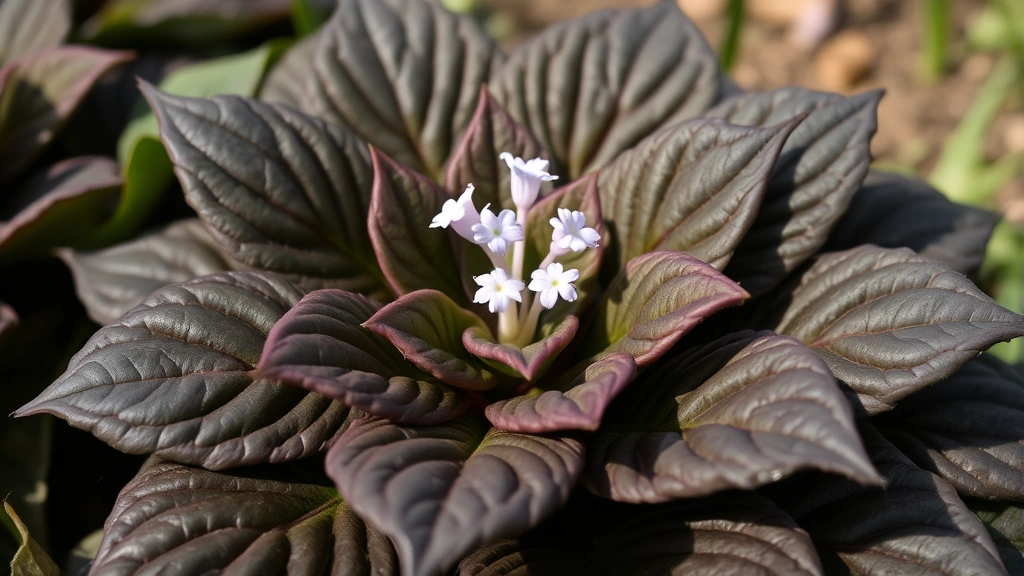 Close-up of mandrake plant showing distinctive wrinkled dark green leaves arranged in rosette pattern with delicate pale violet flowers emerging, morning light, Mediterranean garden setting