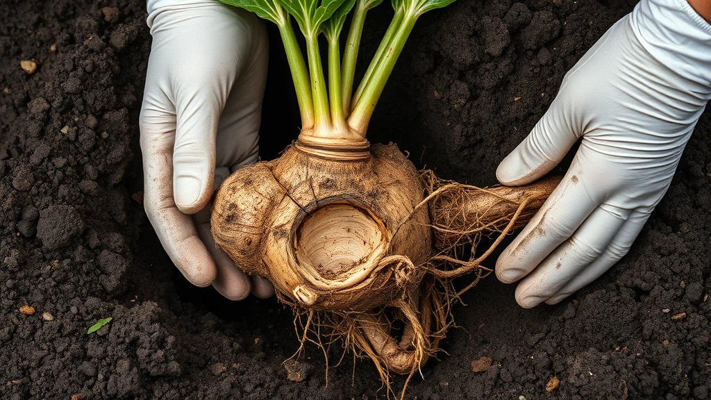 Mandrake root system exposed during careful excavation showing thick taproot and root structure, gloved hands visible for safety, rich dark soil background, botanical specimen quality