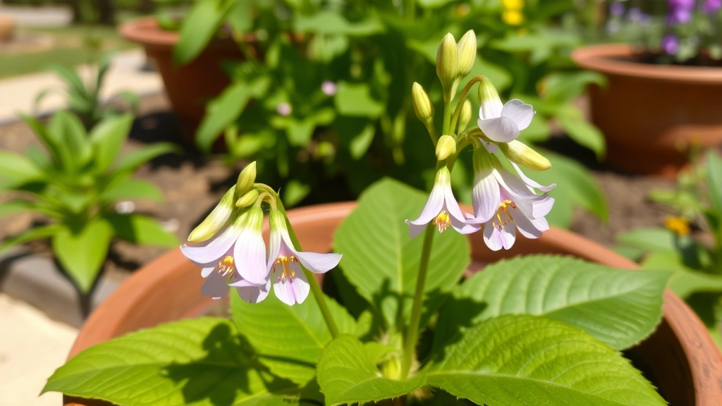 Mandrake flowering in spring with multiple delicate pale yellow to violet blooms above rosette foliage, container cultivation setup showing drainage holes, sunny Mediterranean-style garden backdrop