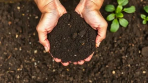 Gardener's hands holding rich dark compost above prepared raised garden bed with fresh soil, showing texture and quality of organic matter for planting