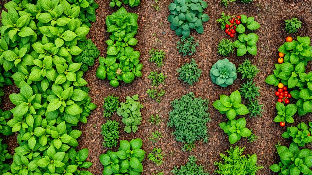 Bird's eye view of organized vegetable garden with diverse plants including leafy greens, tomato plants, herbs arranged in neat rows with mulch pathways