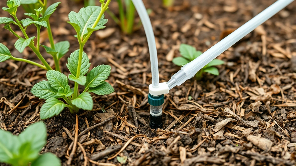 Close-up of drip irrigation system delivering water to soil around established plants with mulch layer, showing efficient watering method in vegetable garden