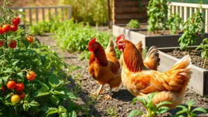 Golden and brown chickens foraging in a lush vegetable garden surrounded by tomato plants and raised beds on a sunny morning