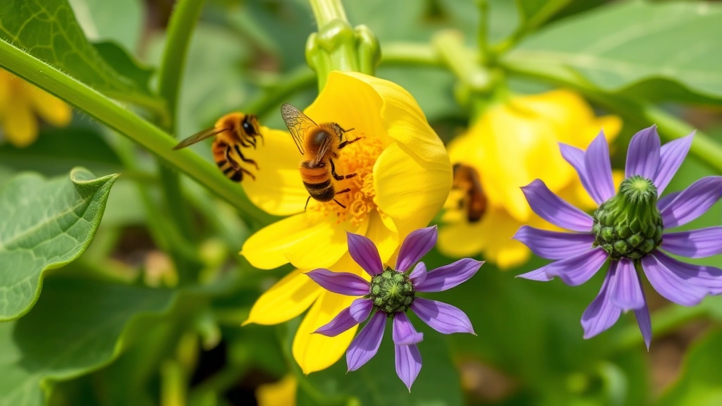 Honeybees pollinating bright yellow squash blossoms and purple zucchini flowers in a productive backyard garden