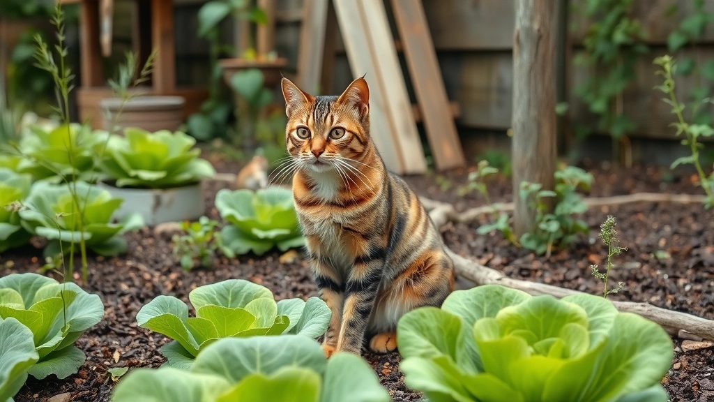 Tabby cat sitting alertly in a garden bed with mature lettuce and herbs, watching for rodents near wooden garden structures