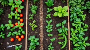 Overhead view of a well-organized vegetable garden with neat rows of tomato plants, lettuce, basil, and beans growing in rich dark soil with mulch pathways between raised beds