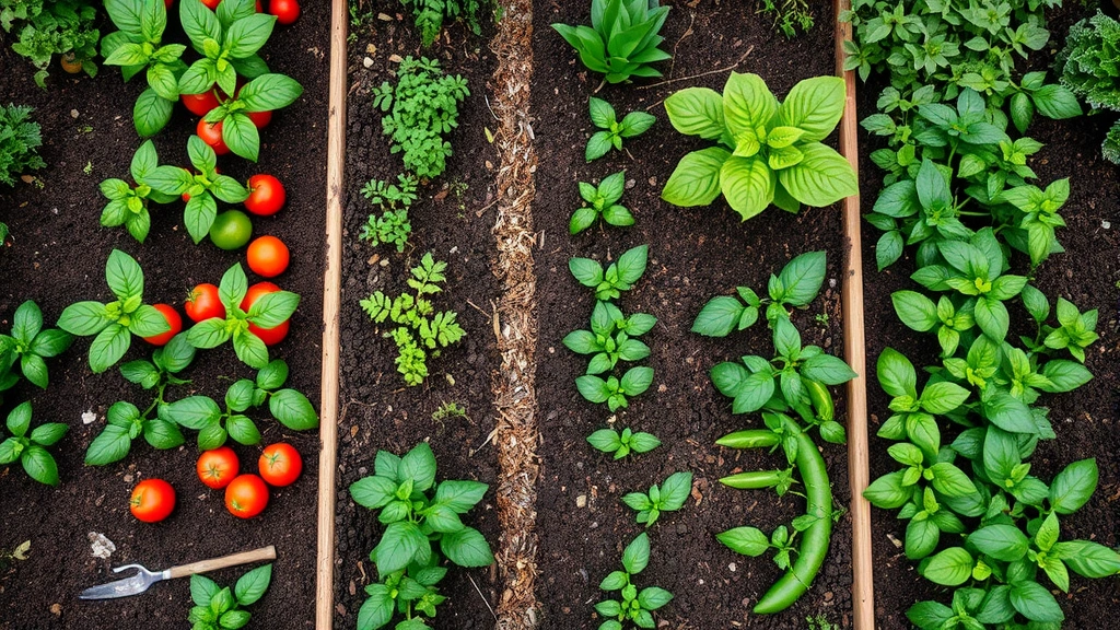 Overhead view of a well-organized vegetable garden with neat rows of tomato plants, lettuce, basil, and beans growing in rich dark soil with mulch pathways between raised beds