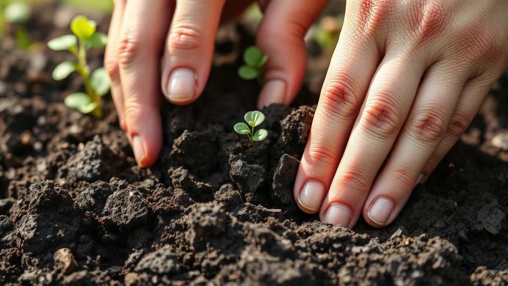 Close-up of hands testing garden soil texture by crumbling dark, rich compost between fingers with vegetable seedlings growing in background sunlight