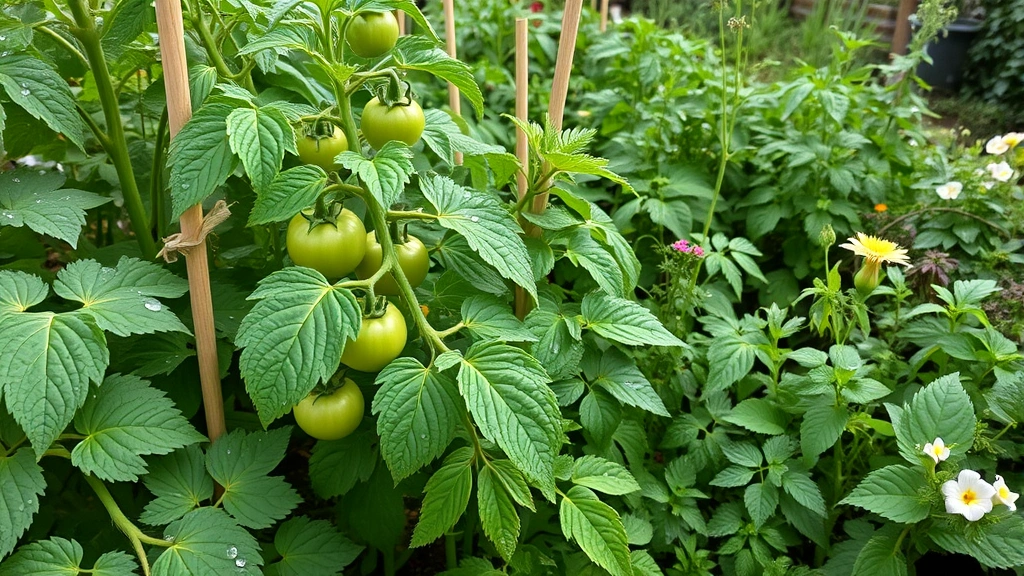 Lush garden scene showing mature plants with visible water droplets on leaves at early morning, featuring green tomato plants with stakes, flowering herbs, and dense foliage in natural daylight