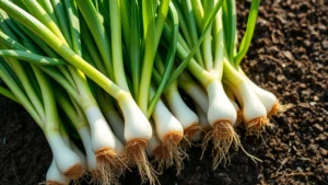 Close-up of vibrant green spring onion bunches with white bases freshly harvested in morning sunlight, water droplets on leaves, soil still clinging to roots, garden bed background with dark fertile earth