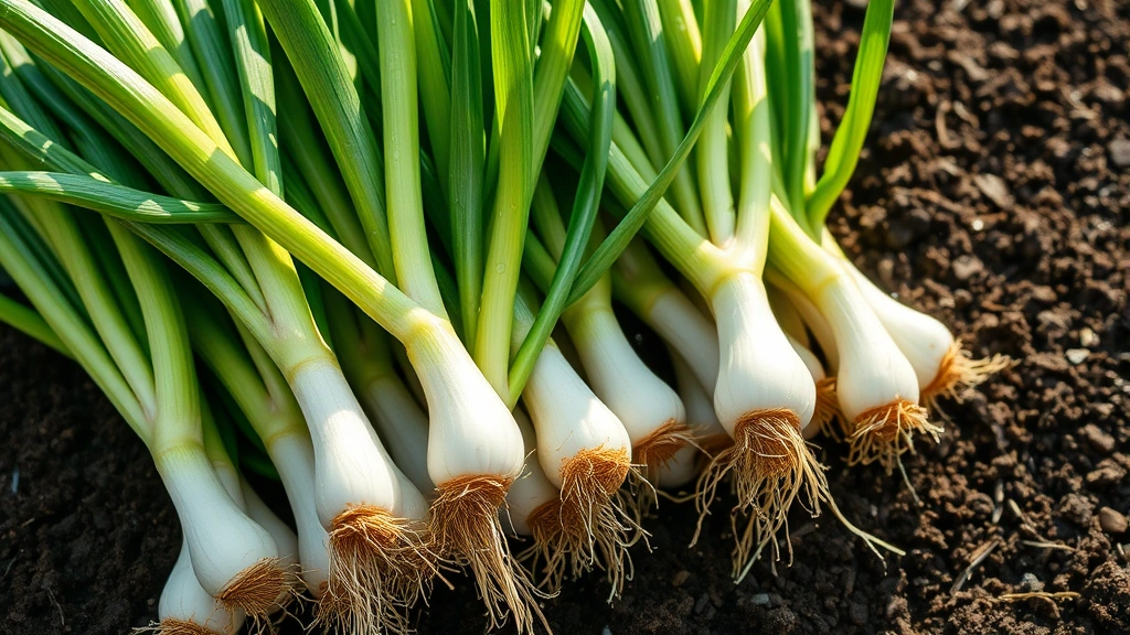 Close-up of vibrant green spring onion bunches with white bases freshly harvested in morning sunlight, water droplets on leaves, soil still clinging to roots, garden bed background with dark fertile earth