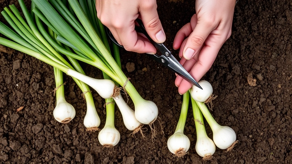 Hands gently harvesting mature spring onions using scissors, showing the cut-and-come-again method with multiple onions at different growth stages in loose, rich compost-amended soil with green foliage intact