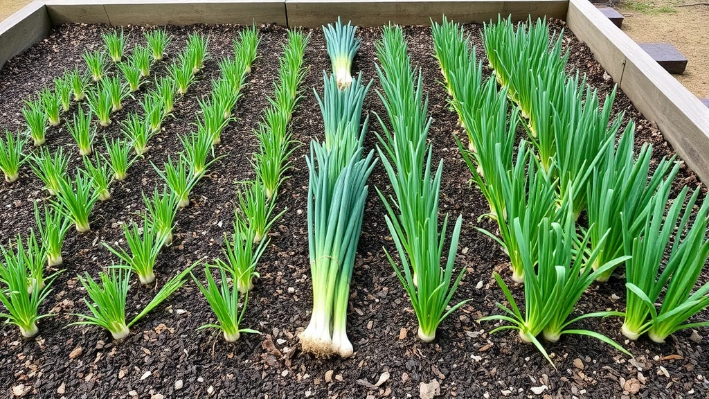 Succession planting rows of spring onions at various growth stages from tiny seedlings to mature 8-inch plants ready for harvest, demonstrating continuous production in a well-organized raised garden bed with mulch