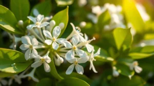 Close-up of delicate white osmanthus flowers with glossy green leaves, morning dew visible, soft natural sunlight filtering through foliage, photorealistic garden photography