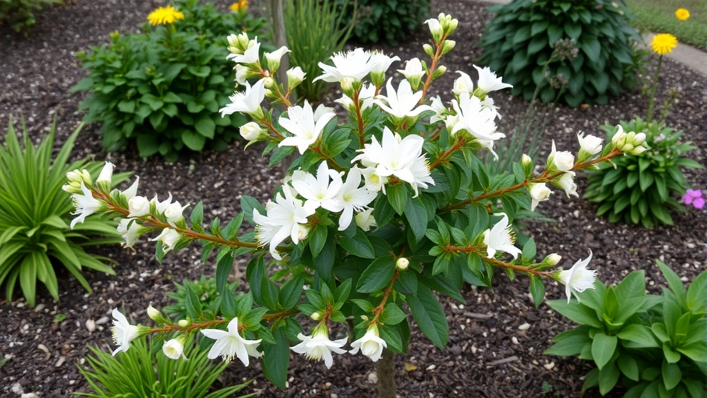 Mature sweet tea plant shrub in garden landscape setting with multiple blooming branches, fragrant white flowers in full bloom, surrounding garden plants and mulched soil visible