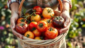 A gardener's hands holding freshly harvested heirloom tomatoes of various colors in a woven basket, morning sunlight highlighting the produce, garden blurred in background