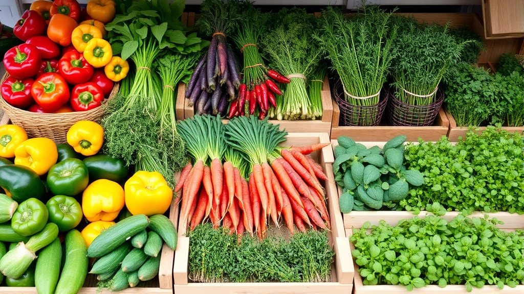 Neatly organized garden produce display including colorful bell peppers, purple carrots, fresh herbs bundles, and microgreens arranged in clean wooden crates and baskets
